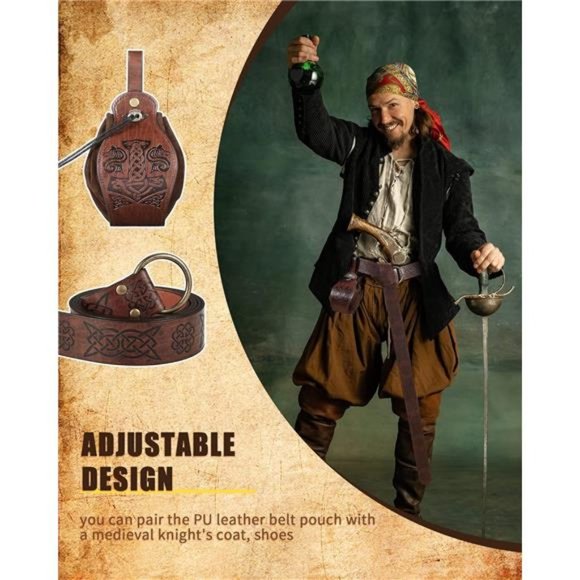 2 Pcs Medieval Viking Belt Leather Belt Pouch Renaissance Leather Belt Medieval - Picture 3 of 6